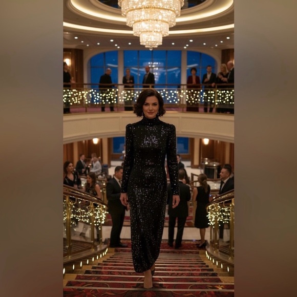 ZARA Black Sequin Knit Mock Neck Long Dress S - Picture 4 of 16